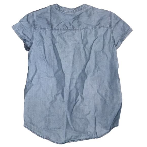 Express Blue Chambray Lace Up V Neck Blouse Top Short Sleeve - Picture 3 of 6